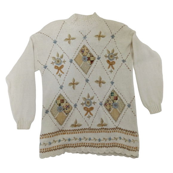 Beldoch Popper Sweater Mock Women's Medium VTG Embroidered Knit Floral Cream - Picture 1 of 16